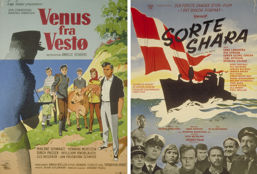 Venus fra Vestø (Operation Venus, Annelise Reenberg, DK, 1962) and Sorte Shara (Sven Methling, 1961). Posters from left: Unknown and Aage Lundvald. Archive: Danish Film Institute.